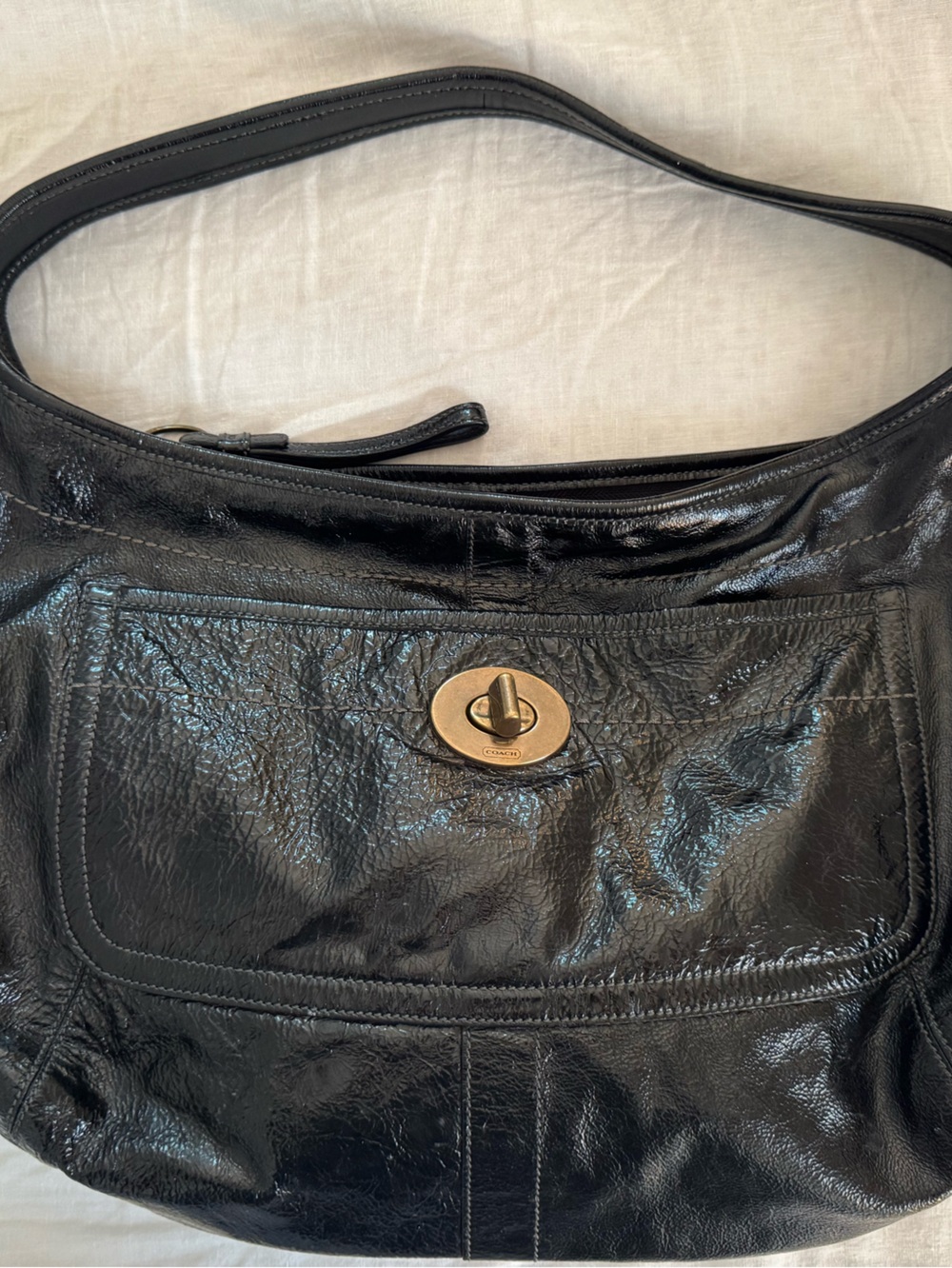 Vintage Coach Black Patent Leather Shoulder Bag with Gold Turn-Lock